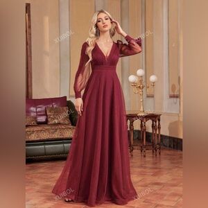 Floor Length Mesh Sleeve Formal Prom or Wedding Dress